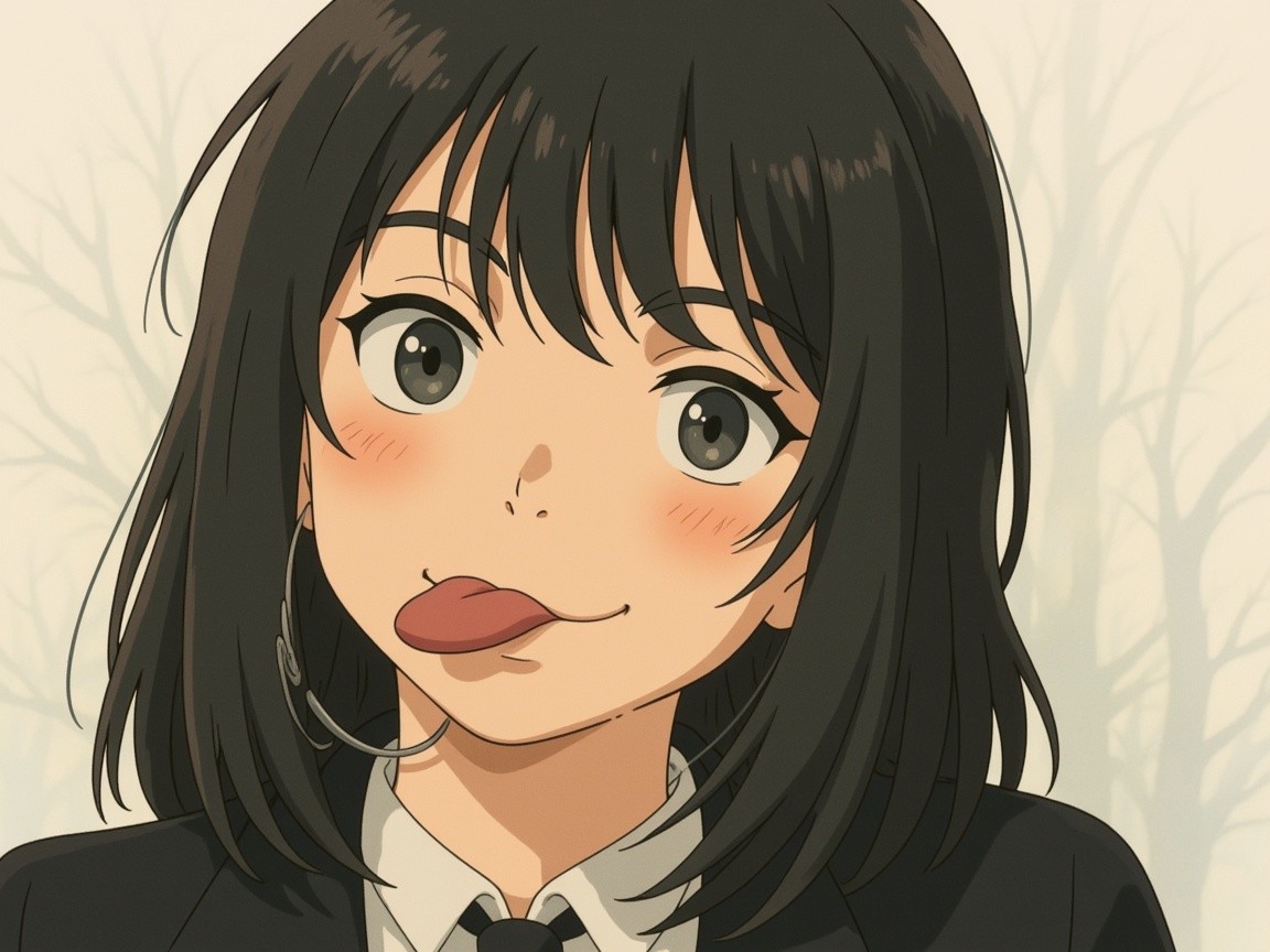 Playful Anime Character in Formal Outfit in Forest