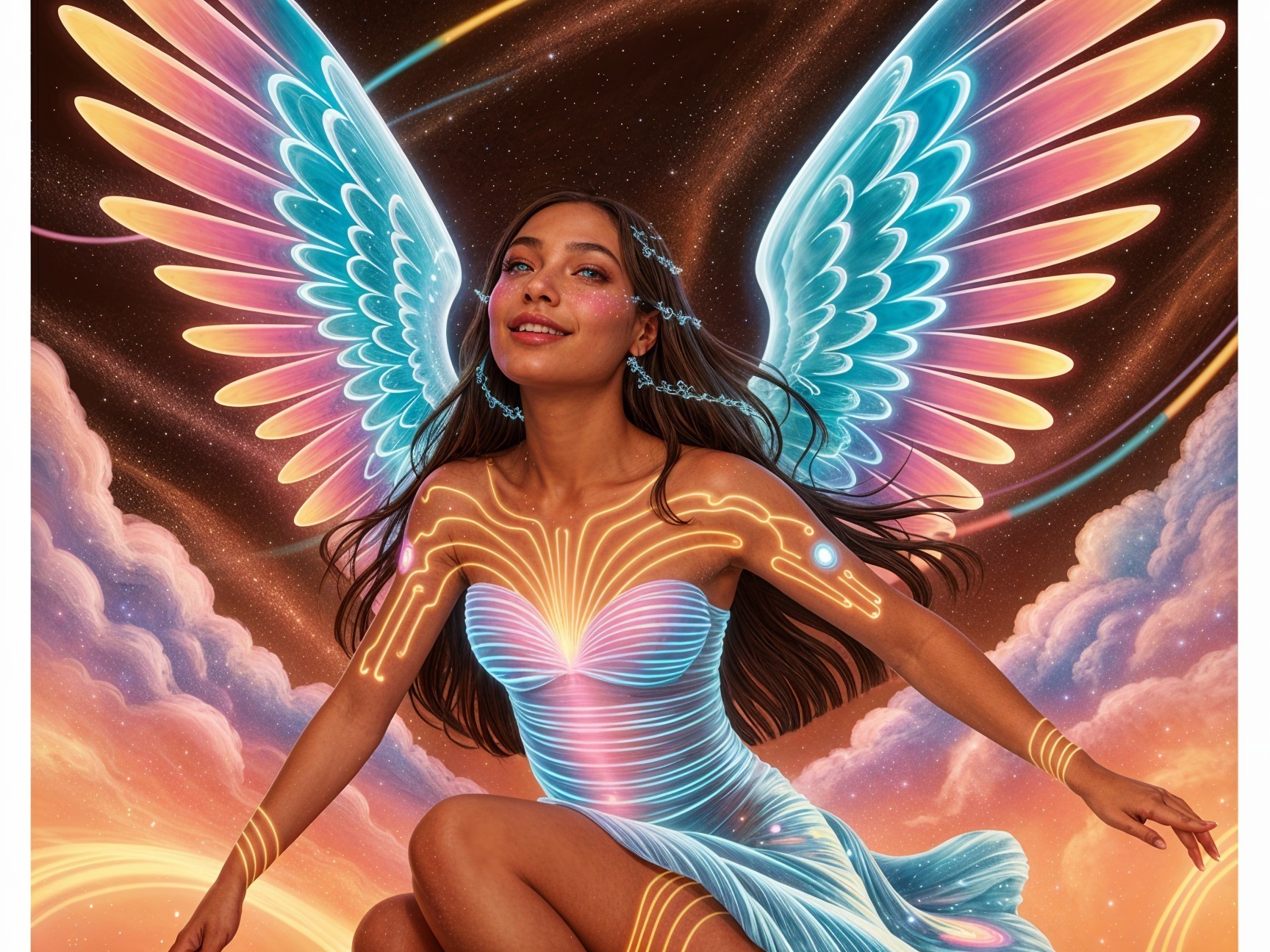 Luminous Figure with Neon Wings in Cosmic Setting