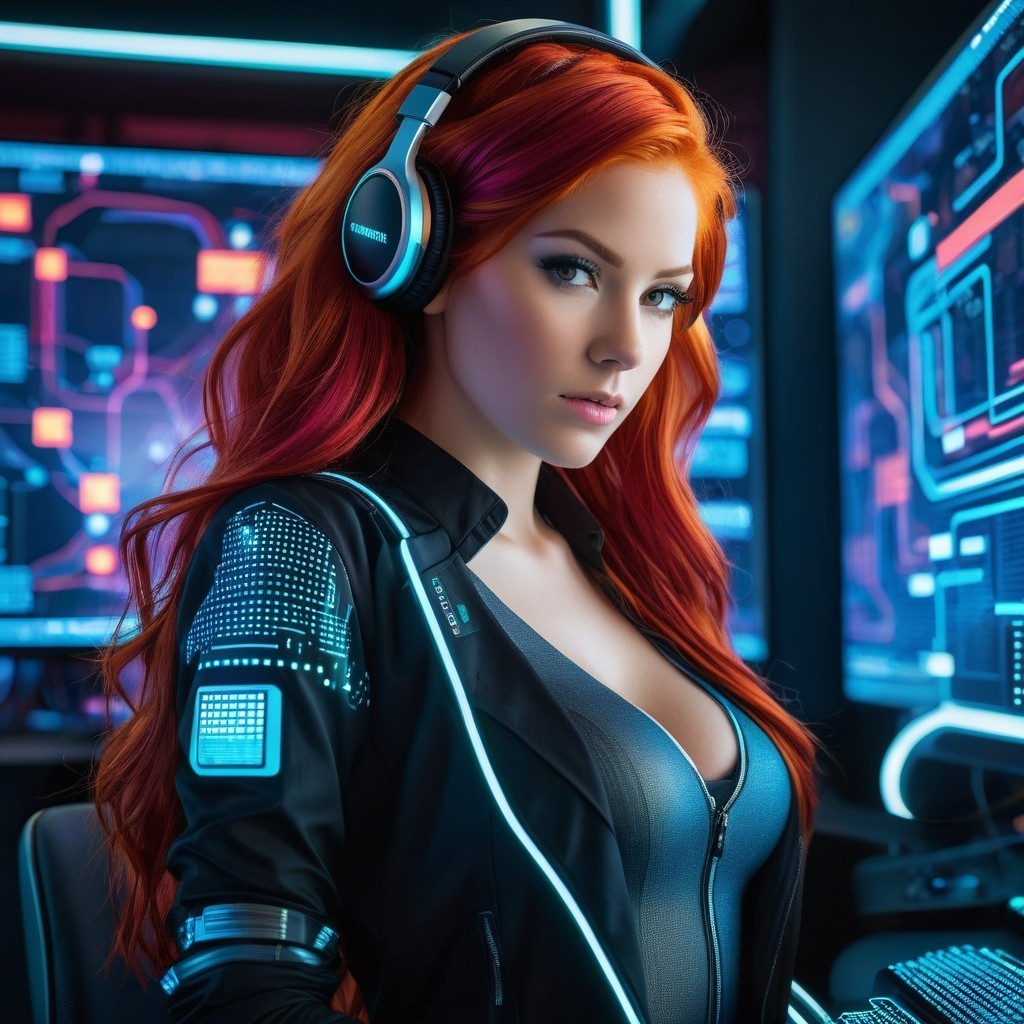 Futuristic Woman in High-Tech Environment with Screens