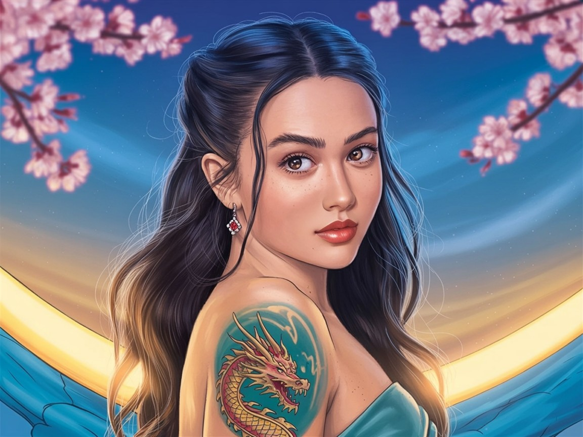 Young Woman with Cherry Blossoms and Dragon Tattoo