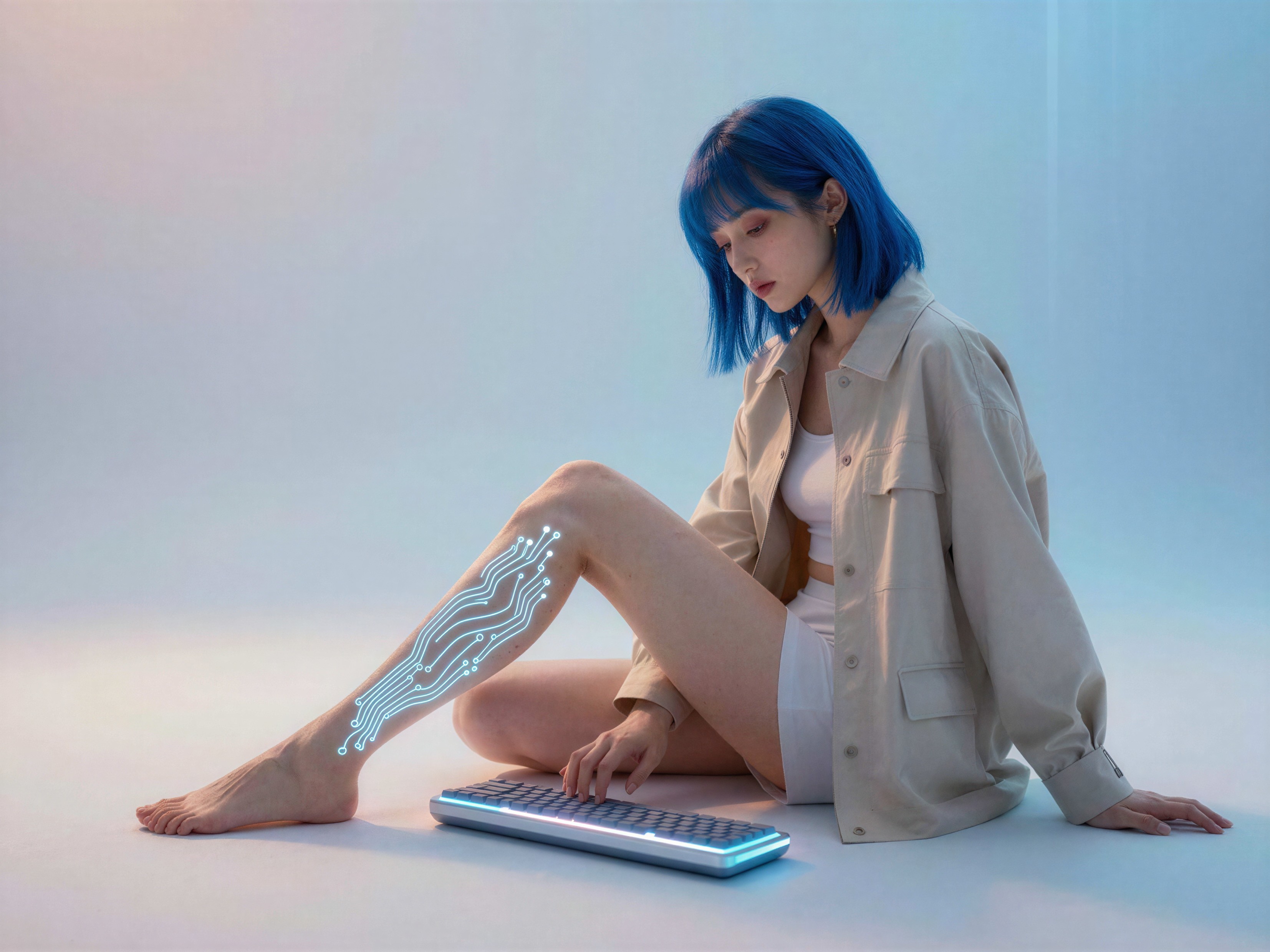 Young woman with blue hair and glowing keyboard setup