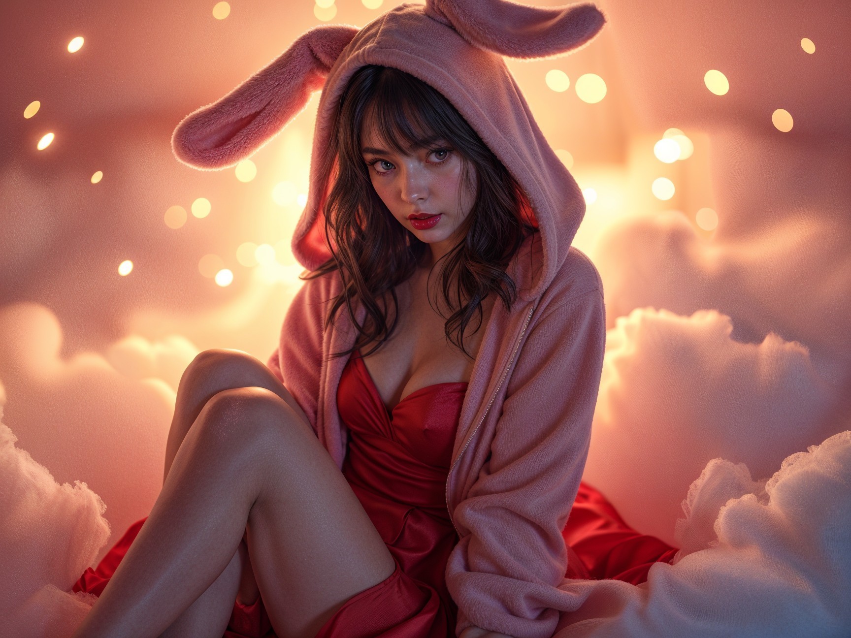 Young woman in pink bunny hoodie among clouds