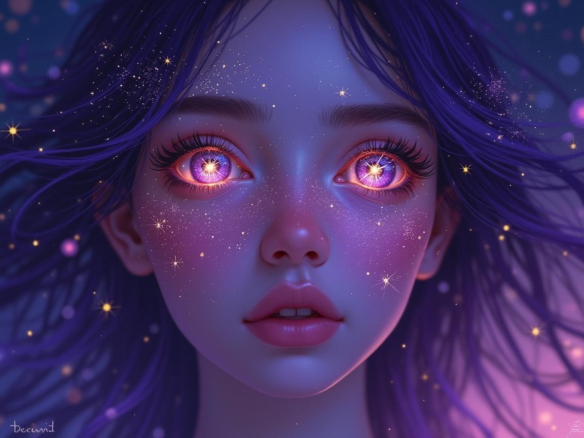 Ethereal Character with Luminous Eyes and Starry Hair