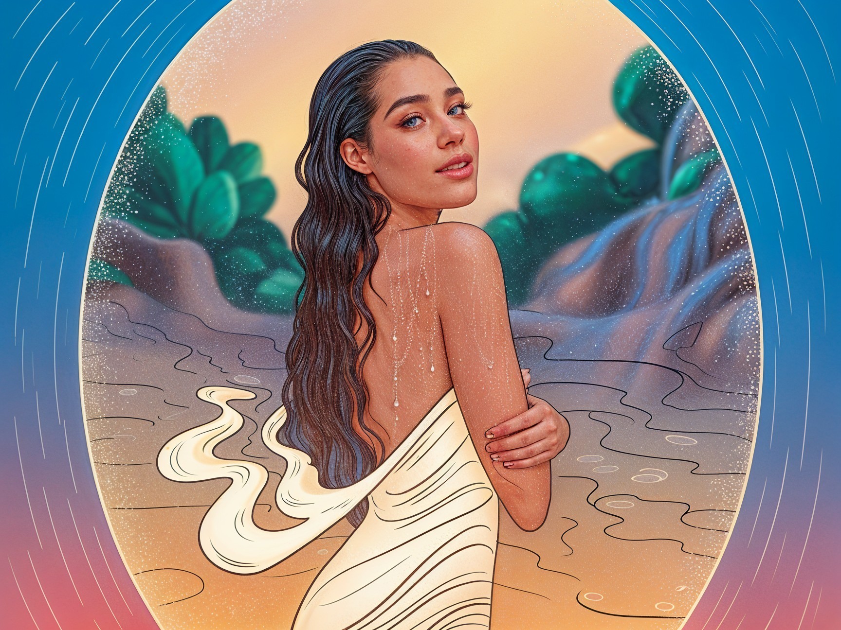 Young Woman by Serene Water in Flowing Garment