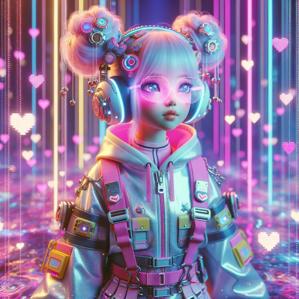 Futuristic anime character with pastel hair and accessories