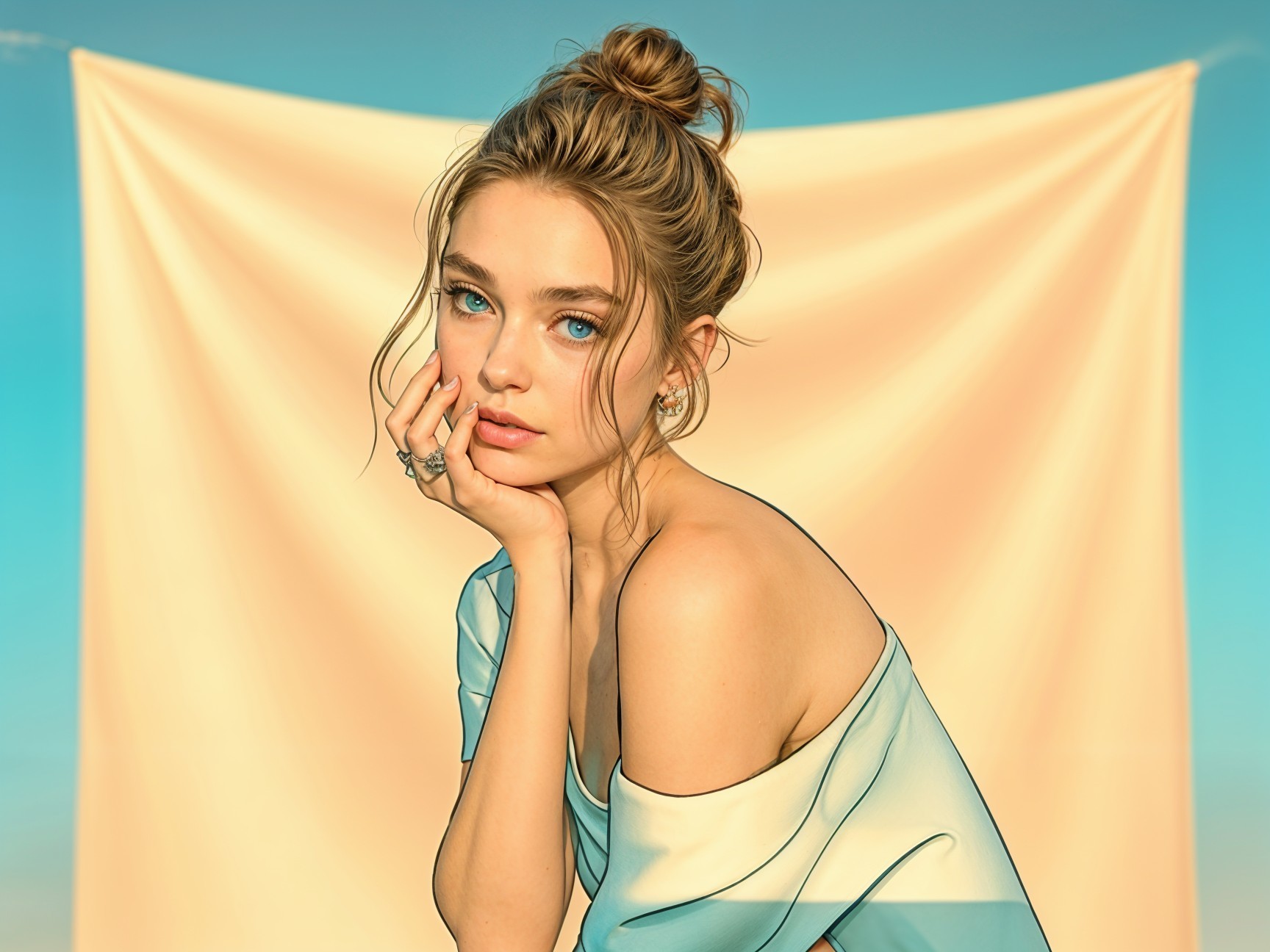 Thoughtful young woman in light blue dress and bun