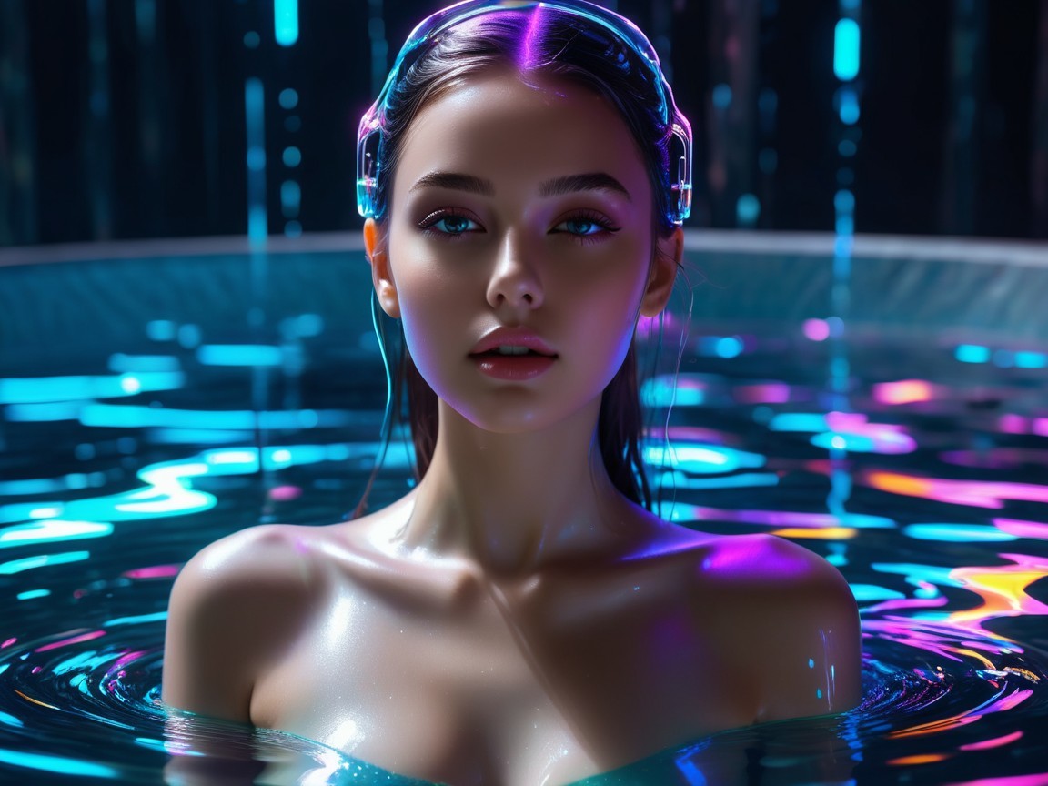 Young woman in neon-lit pool with headphones
