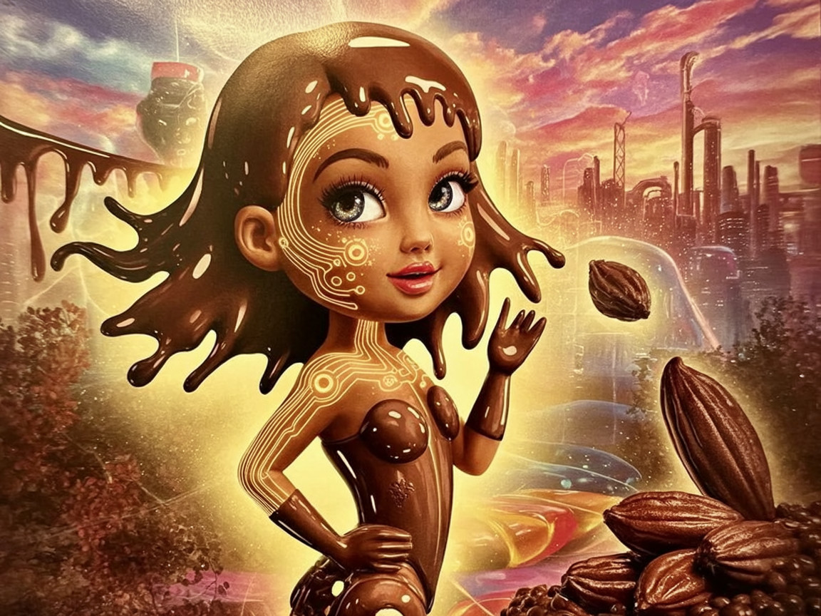 Whimsical Character in Chocolate-Themed Sunset Scene