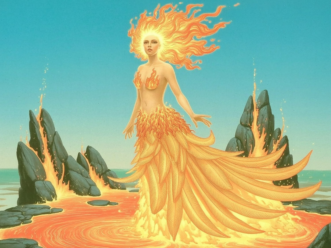 Ethereal Figure in Fiery Landscape with Lava and Sky