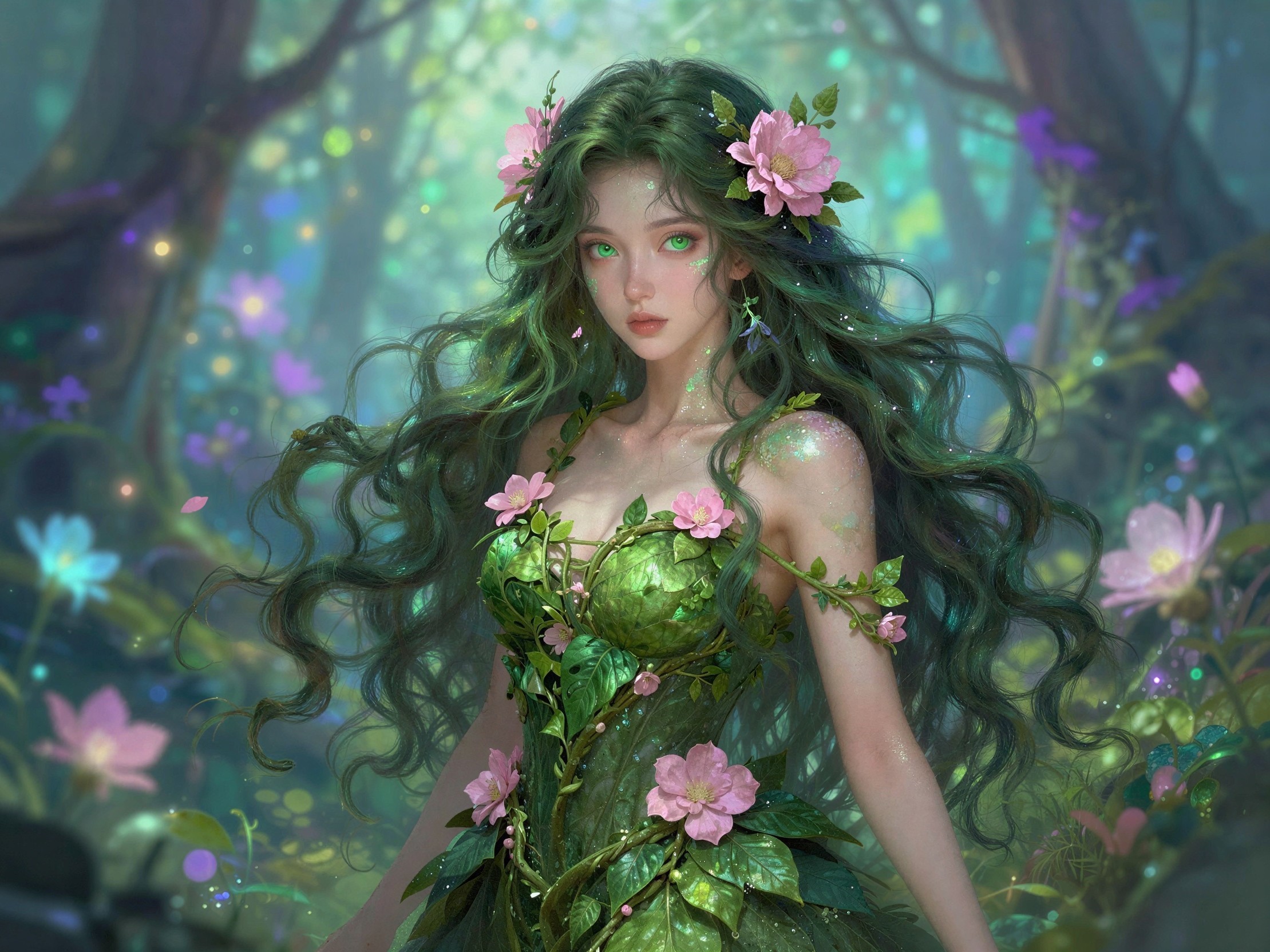 Dryad-like Woman in Ethereal Forest Setting