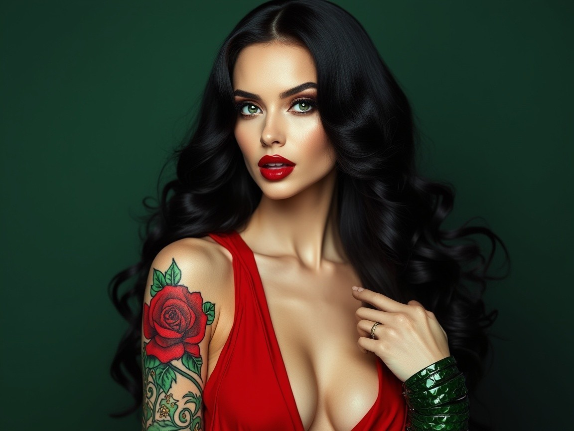 Woman in Red Dress with Rose Tattoo on Dark Green Background