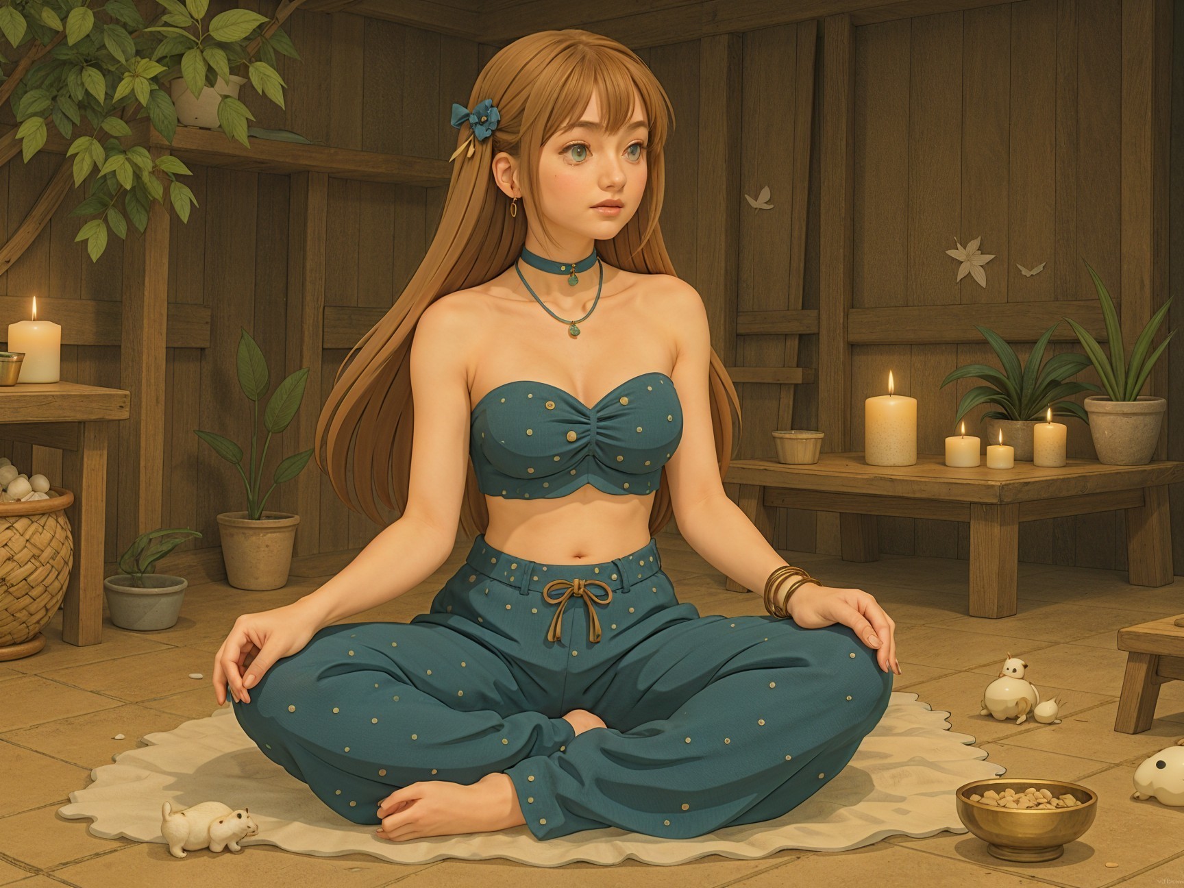 Cozy Room with Young Woman in Teal Outfit and Plants