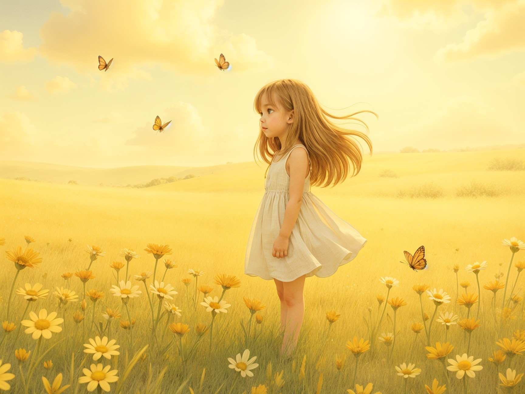 Young girl in a golden field with butterflies and flowers