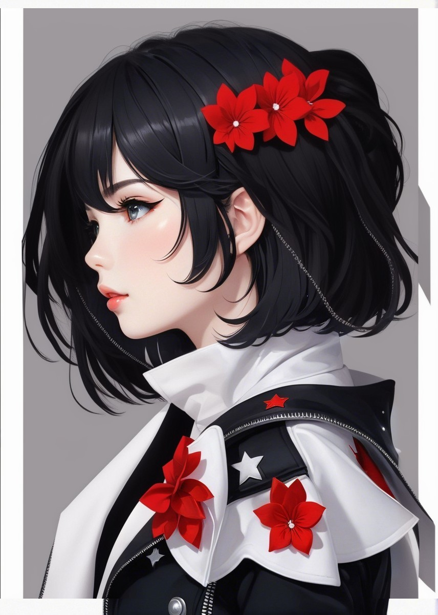 Stylish Character with Black Bob and Red Flowers