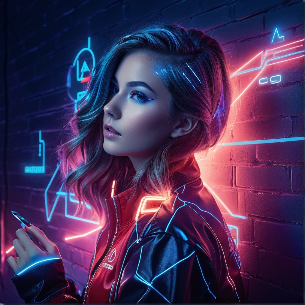 Young woman in neon-lit futuristic fashion against brick wall