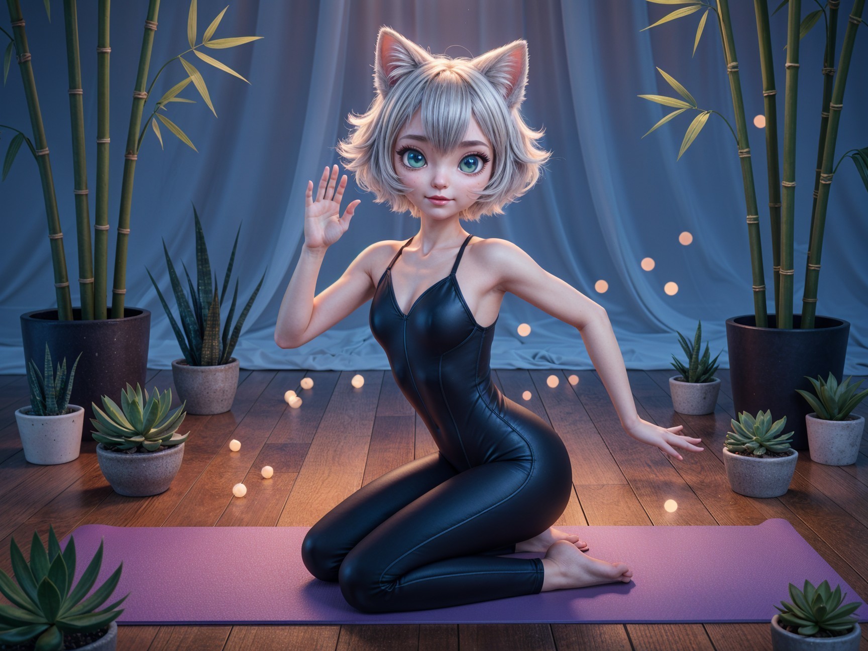 Stylized Character in Yoga Pose on Purple Mat