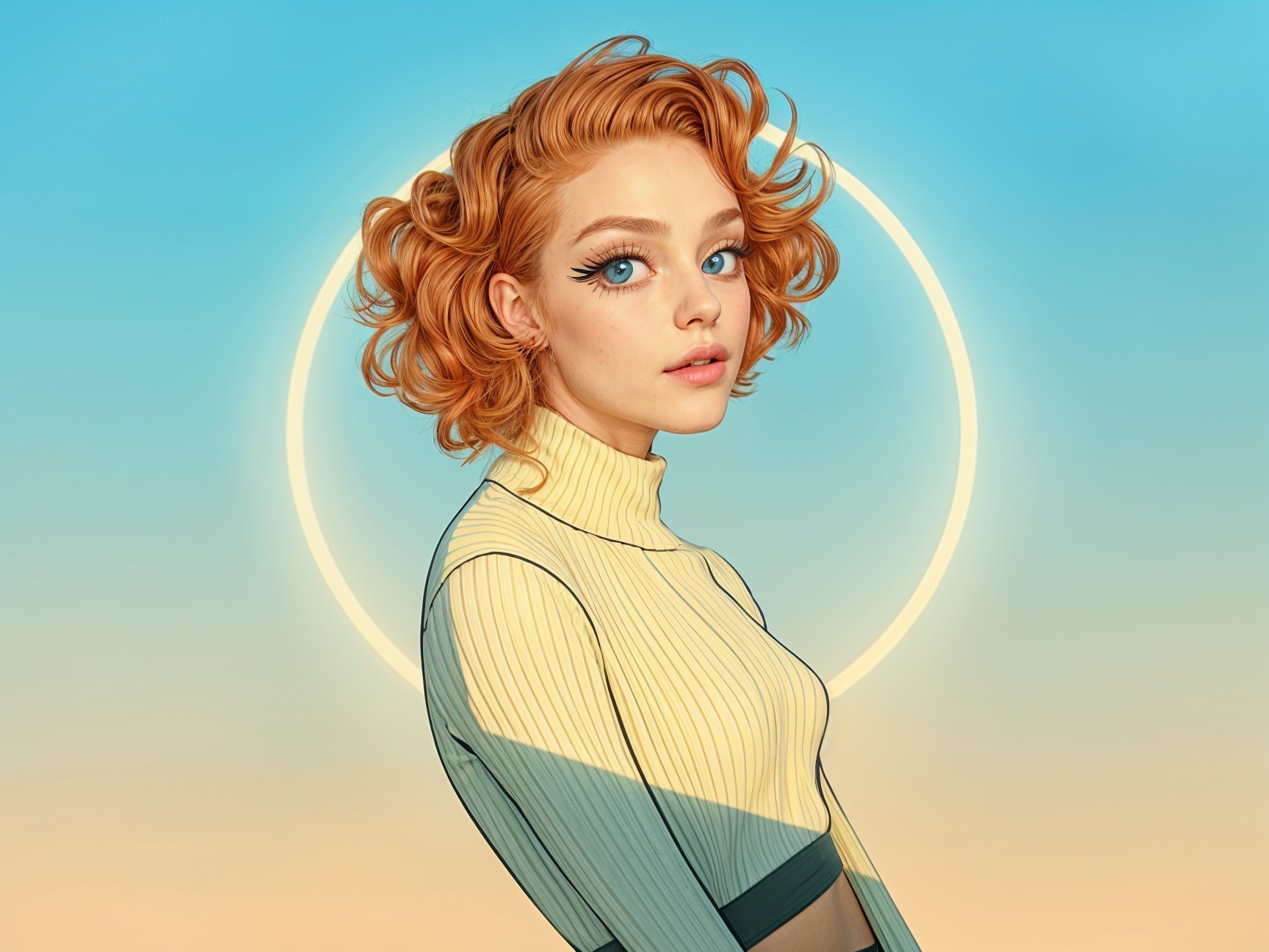 Stylized portrait of a woman with orange hair and blue eyes