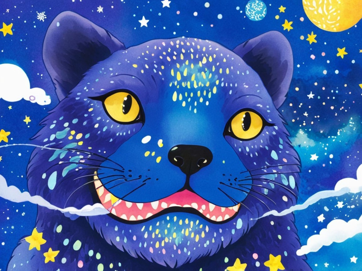 Whimsical Blue Cat Creature in Cosmic Night Sky