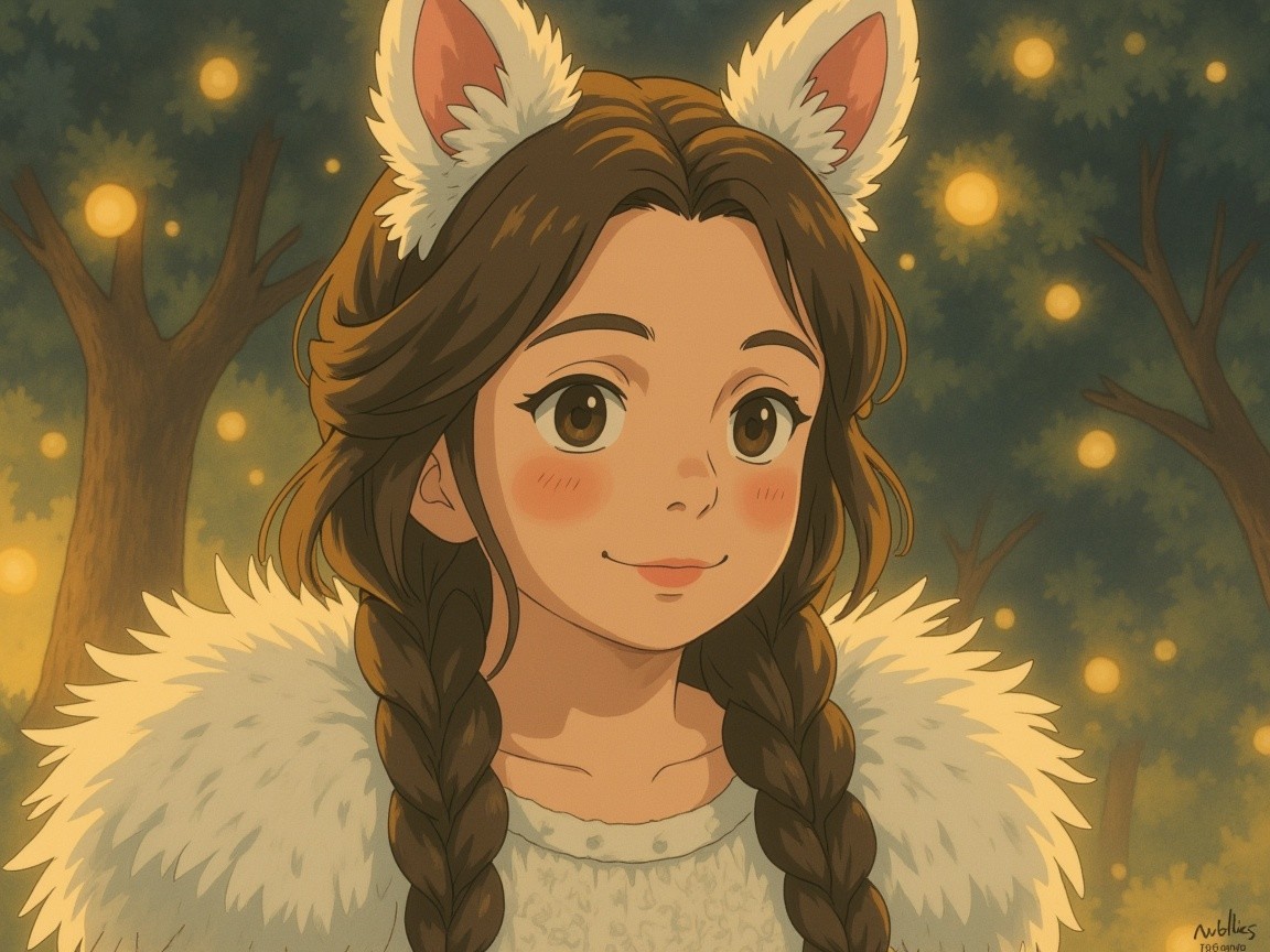 Young girl in fluffy coat and cat ears in forest