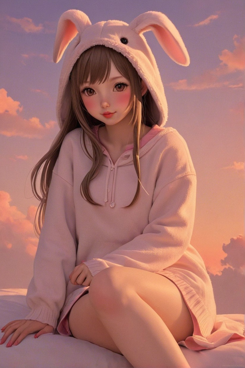 Young girl in pink hoodie against pastel sky