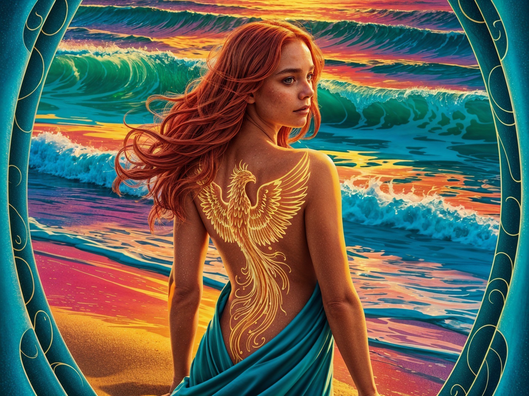 Young Woman with Phoenix Tattoo at Sunset Beach