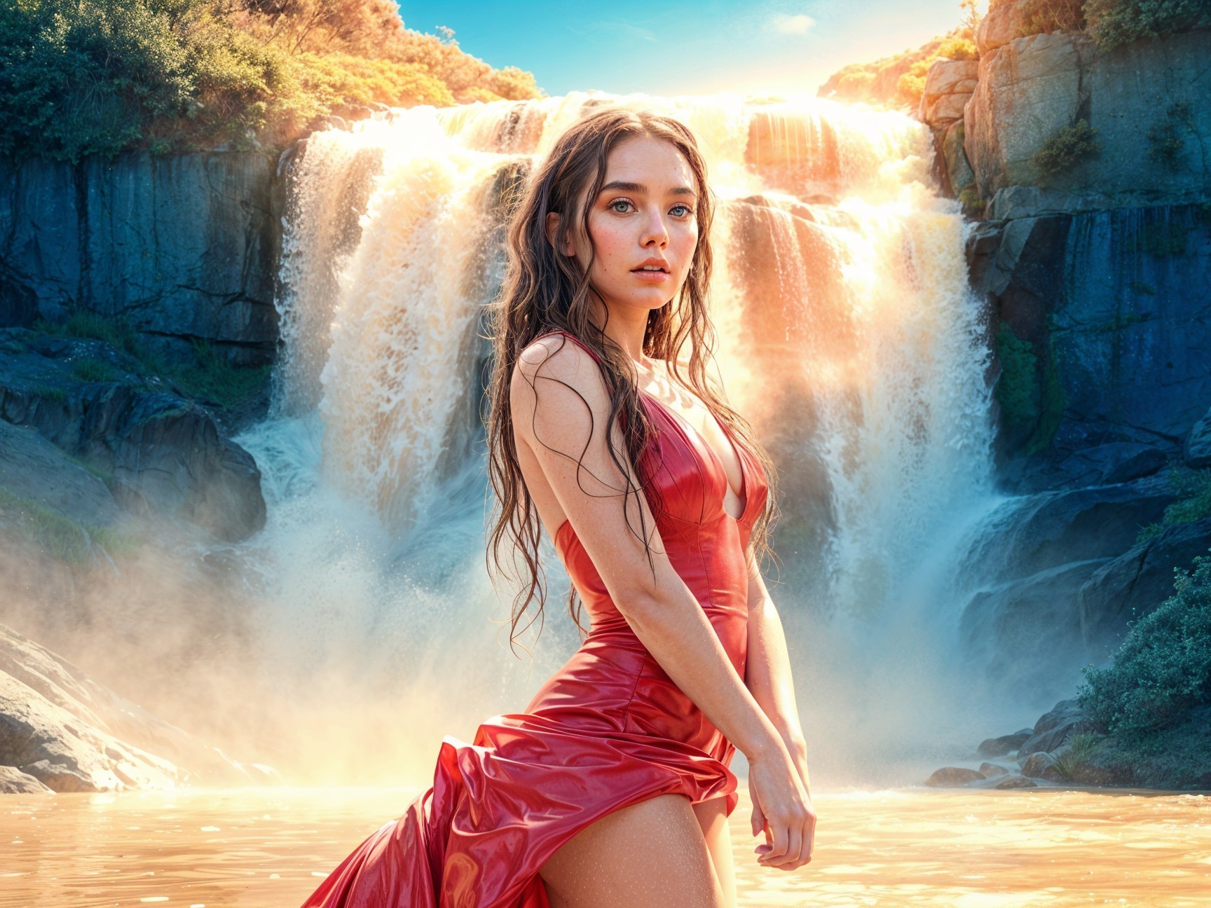 Young Woman in Red Dress by Golden Waterfall