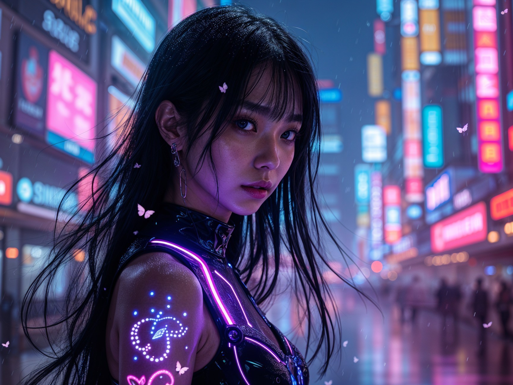 Young woman in neon-lit futuristic cityscape