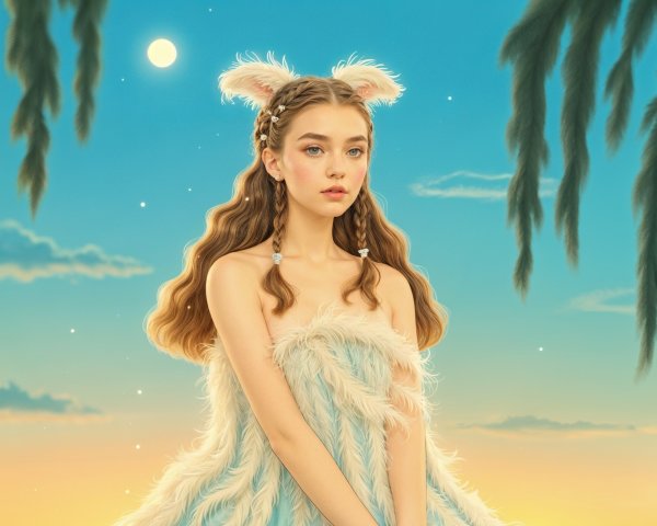 Young girl in whimsical dress against sunset sky