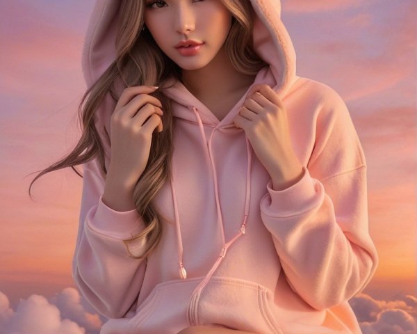 Young woman on clouds in pink bunny hoodie