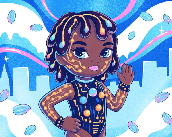 Vibrant Animated Character in Futuristic Cityscape