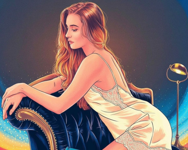 Young Woman in Lace Nightgown on Elegant Couch