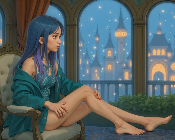 Young Woman in Green Jacket Overlooking Twilight Cityscape