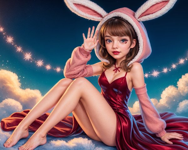 Whimsical Character in Bunny Hoodie Against Dreamy Clouds