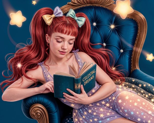 Girl with Red Hair in Blue Armchair Reading a Book