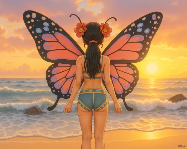 Young woman with butterfly wings at sunset shore