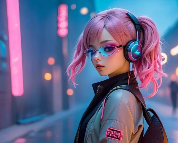 Stylish character with pink hair in neon urban setting
