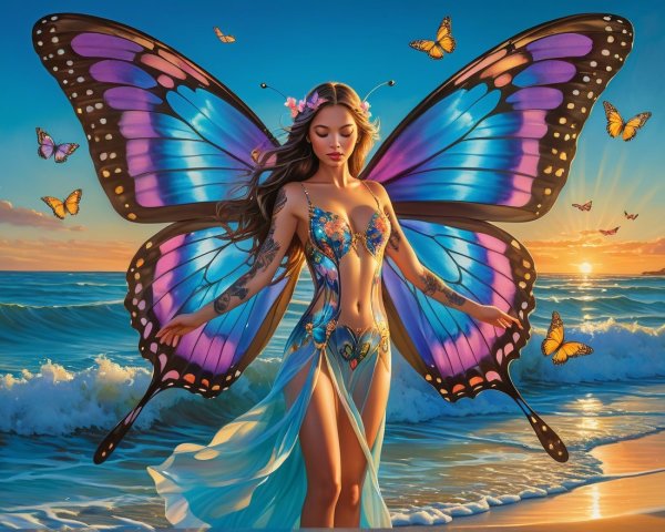 Woman with Butterfly Wings on Beach at Sunset
