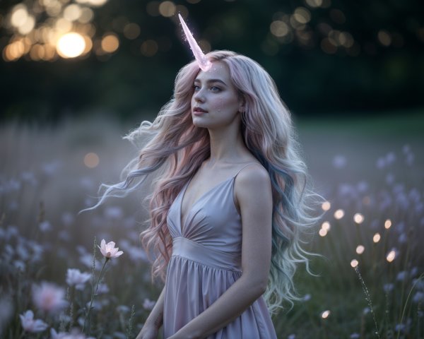 Dreamy Sunset Scene with Young Woman and Unicorn Horn