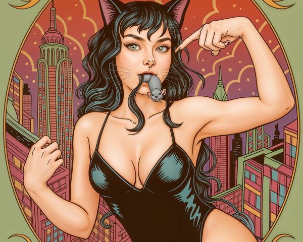 Woman with Cat Ears in Urban Sunset Illustration