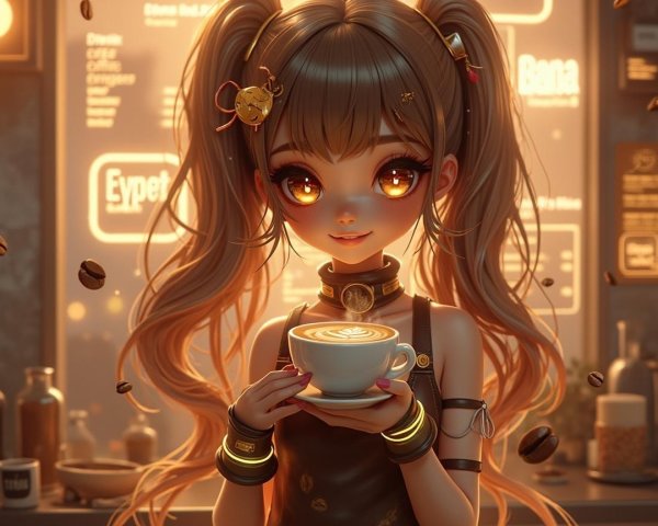 Charming Animated Character in Cozy Café Setting