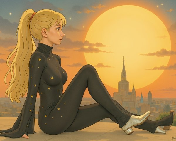 Young Woman in Black Outfit Against Sunset Cityscape