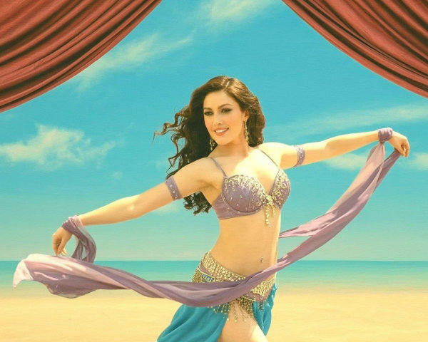 Belly Dancer in Vibrant Beach Setting with Scarf