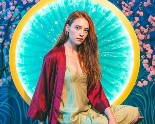 Young woman with red hair in a green dress and blossoms