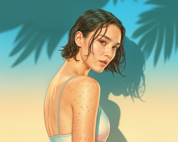 Contemplative Woman with Water Droplets in Tropical Setting