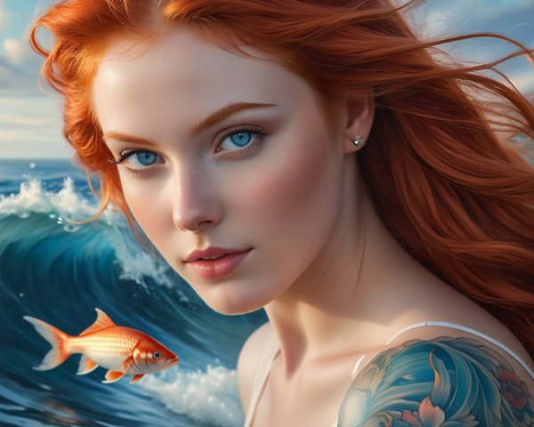 Portrait of a Woman with Red Hair and Ocean Waves