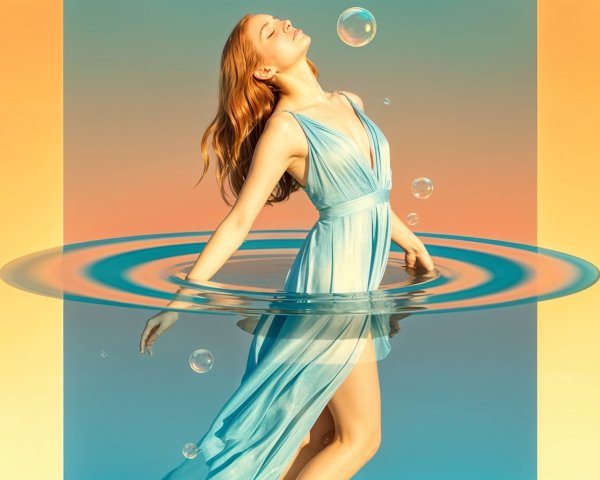 Young Woman in Blue Dress in Serene Water Scene