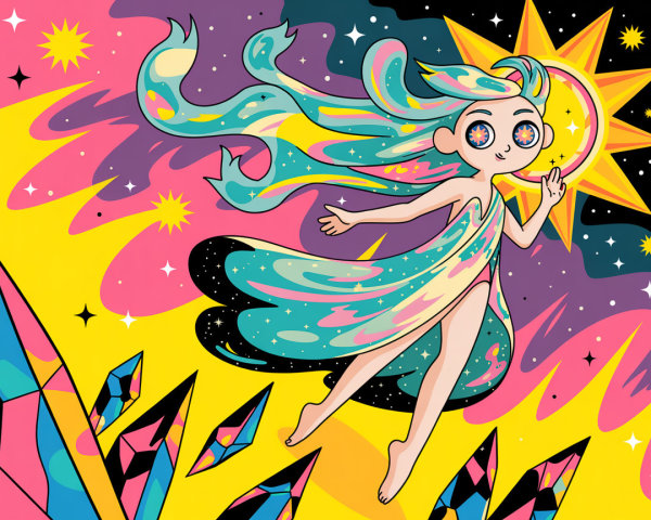 Colorful Cosmic Illustration with Glowing Figure