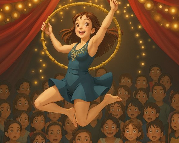 Young girl in blue dress leaps with hoop, joyful scene