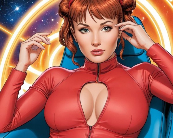 Illustration of a woman with red hair in cosmic setting