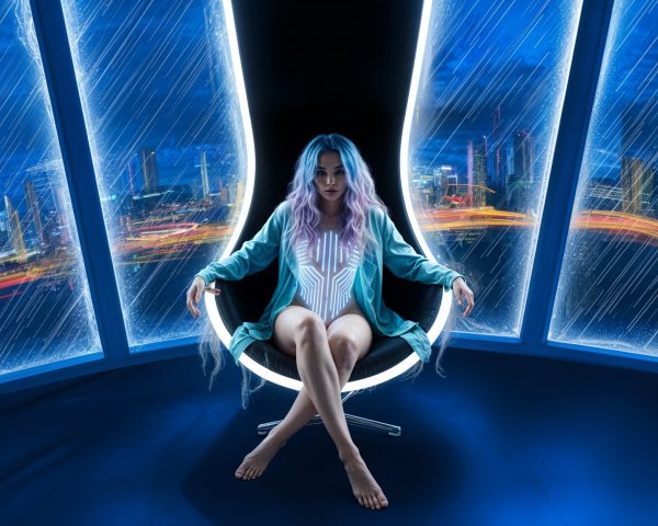 Serene Figure in Pastel Hair Against Cityscape Backdrop